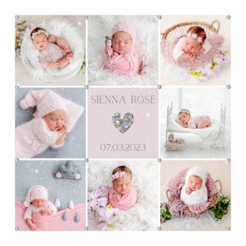 Diamond Dust Glitter Collage Canvas of Baby Photographs with Name and Birthdate featuring Crystal Embellished Heart