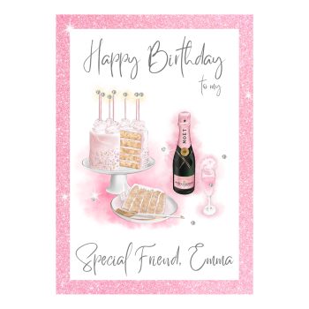 personalised birthday card with cake and champagne