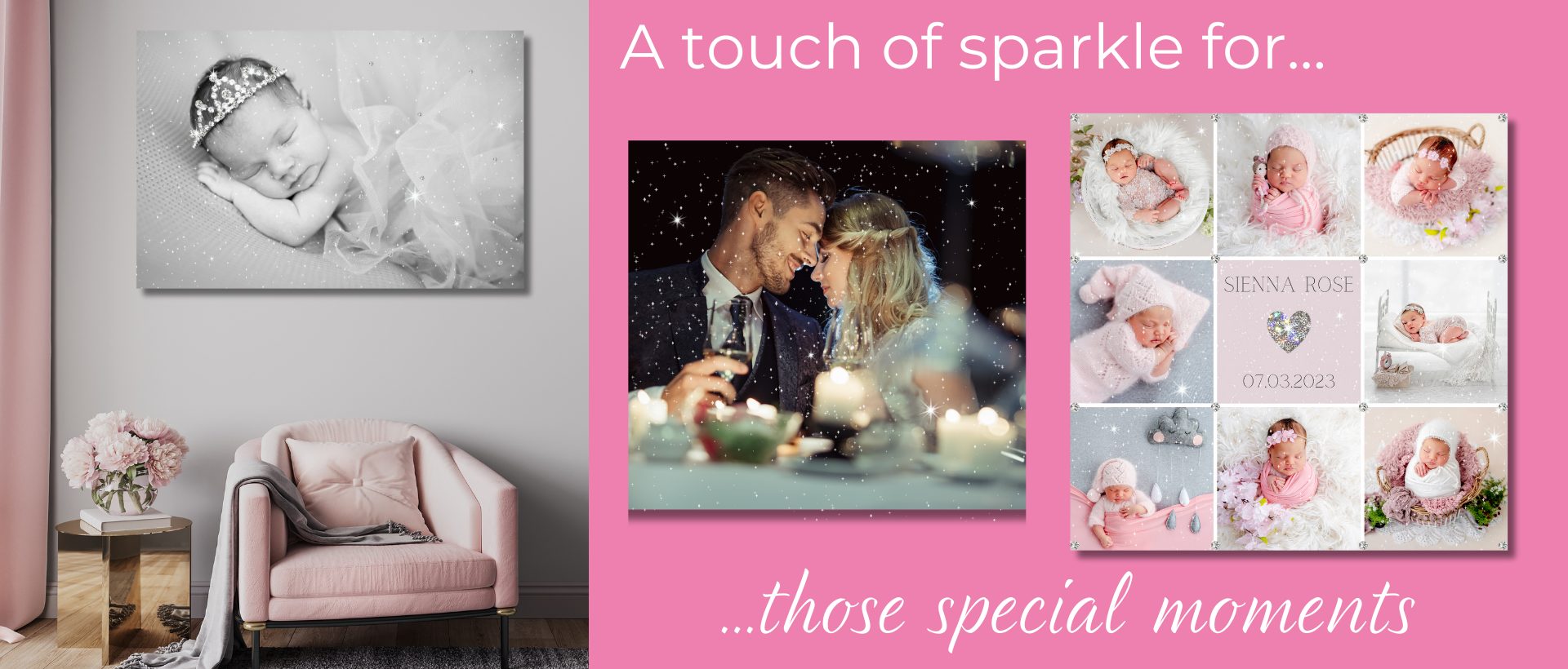 Deemonte Designs Banner Image with glitter canvas examples and text 'A touch of sparkle for those special moments'