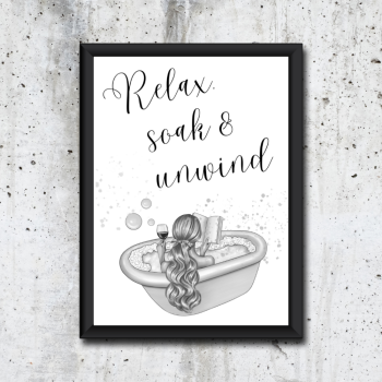 Relax, soak & unwind framed bathroom glitter print